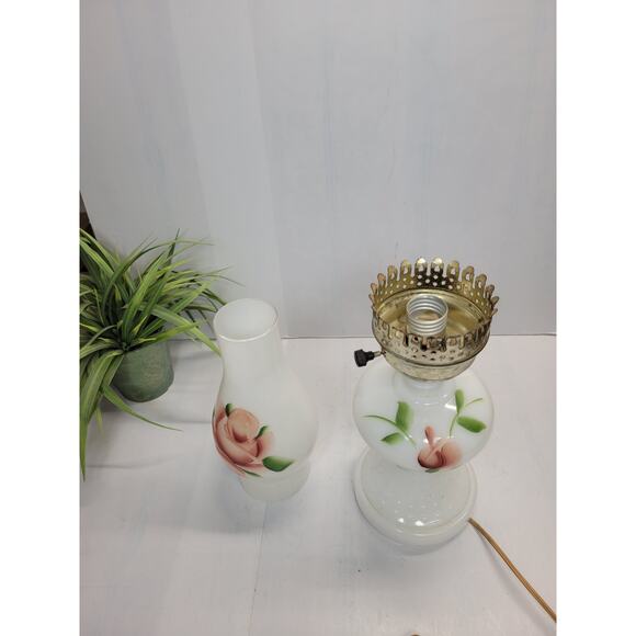 Vintage Hurricane Vanity Lamp, Hand Painted Rose Milk Glass, Boudoir Light - Picture 4 of 5